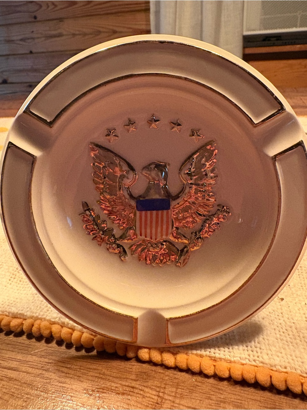 Andrea By Sadek White Ceramic Ashtray with Gold Trim and Eagle Crest